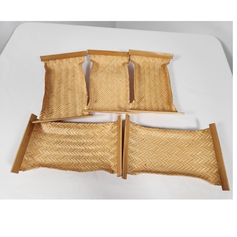 VTG Set FIVE Mini Woven Bamboo Serving Trays Sushi Bread Dim Sum 7.75" X 3.75"